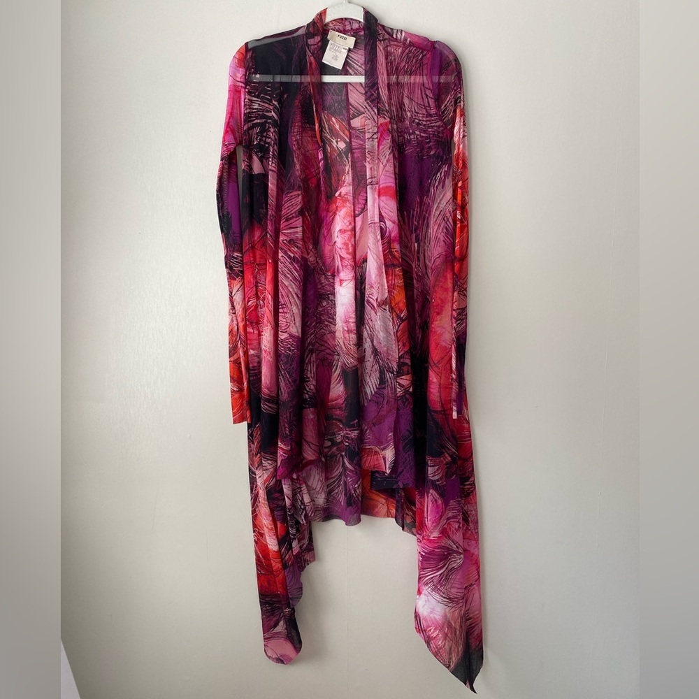 Fuzzi Sheer Astract Floral Print Draped Open Front Mesh Tulle Cardigan XS - Picture 2 of 7